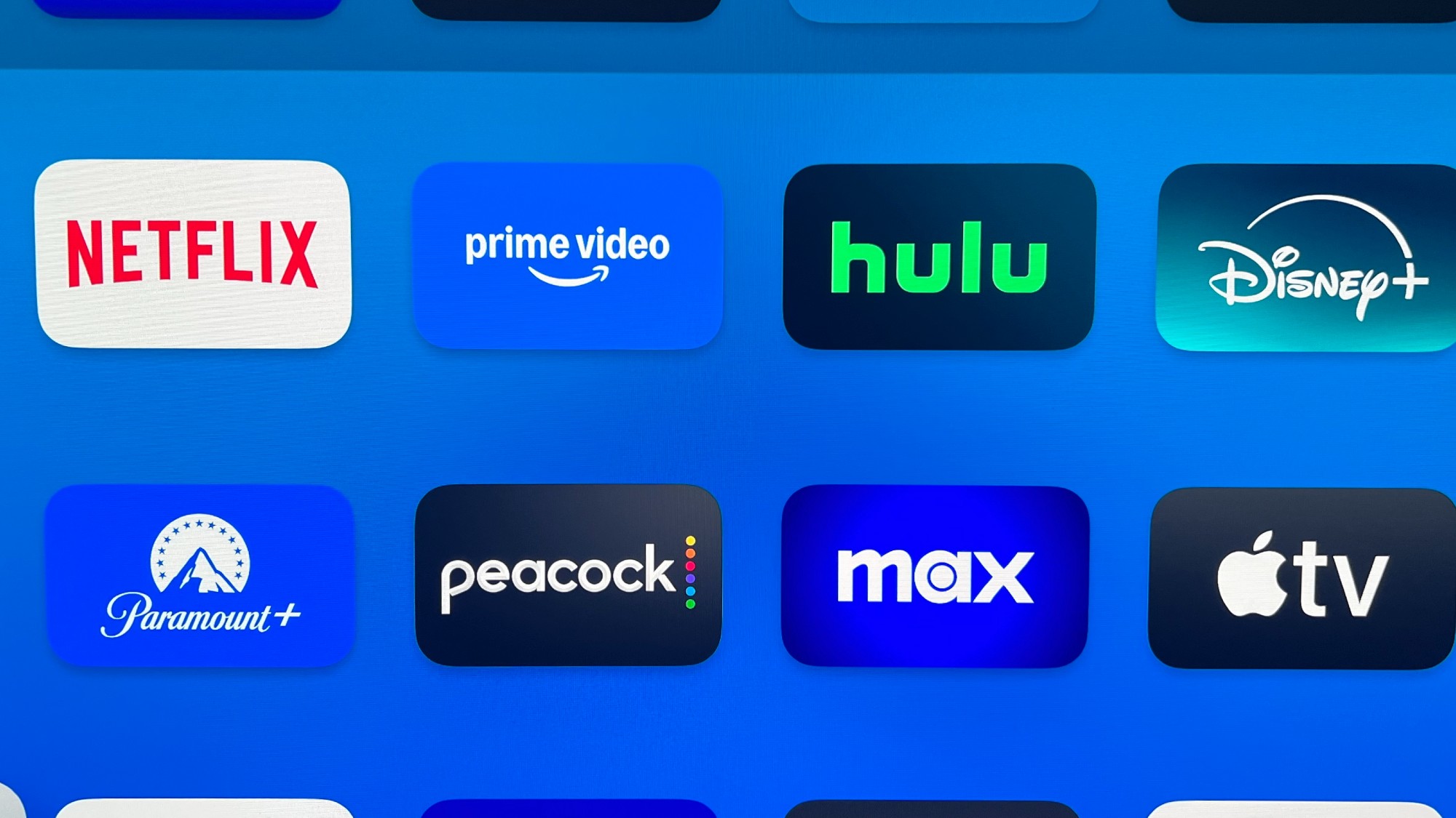 Video ad channels tiles such as Netflix, Prime Video, Hulu, Disney+, Paramount+, Peacock, Max, and Apple TV.